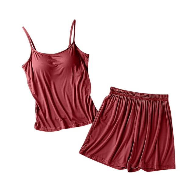 MeetoTime Pajamas for Women Set Summer Solid Color Spaghetti Strap Camisole with Chest Pad Shorts Homewear
