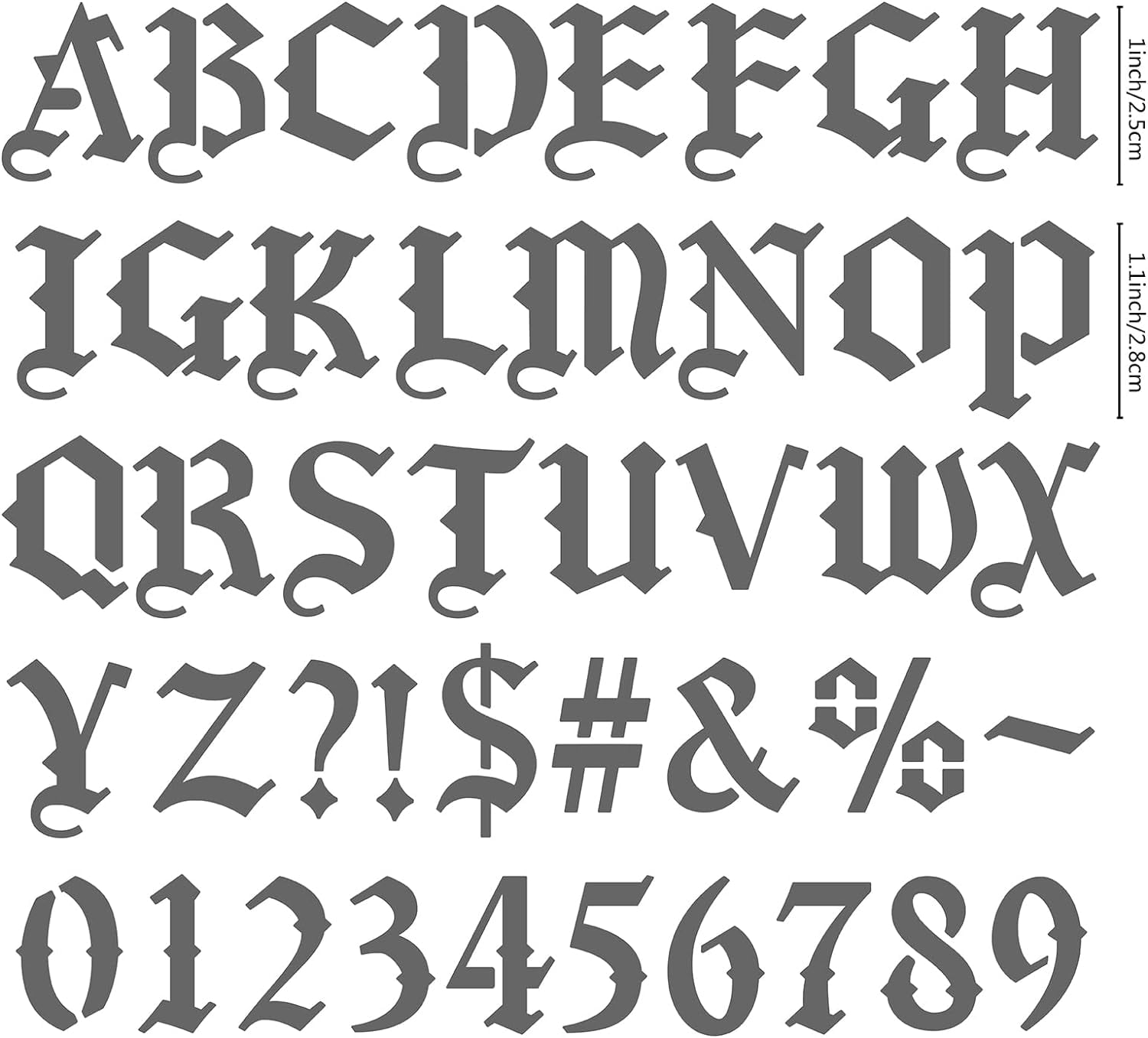 6.3 Inch Metal Gothic Font Lettering Stencil 1" High Stainless Steel Old English Font Ancient Alphabet Number Template Runes Punctuation Stencils for Painting Wood Burning Engraving Crafts