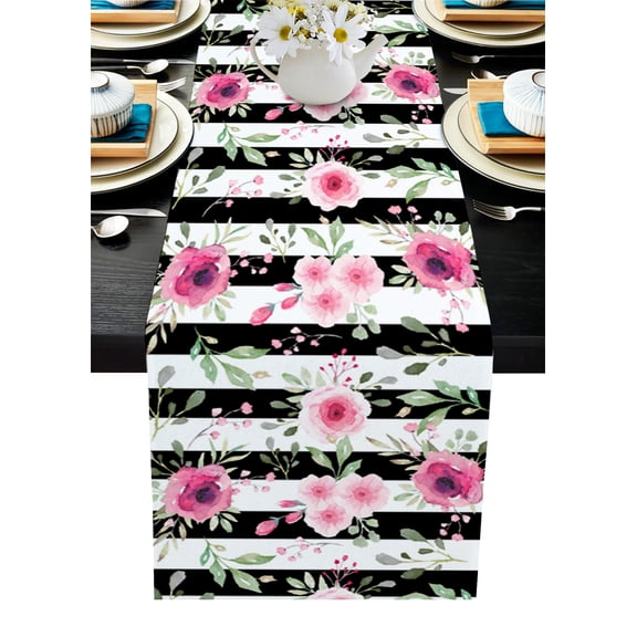 Table Runner Dresser Scarves 90 Inch Long, Watercolor Pink Flower Green Leaves Linen Dining Table Runners Spring Floral on Black White Stripe Tabletop Scarf for Wedding Holiday Party Kitchen