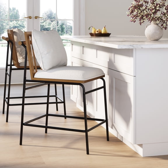 Nathan James Irie Scandinavian Counter Height Cushioned Bar Stool, Kitchen Bar Stool with Boucle Upholstery, Metal Legs, and Solid Wood Frame, Cream Boucle/Black