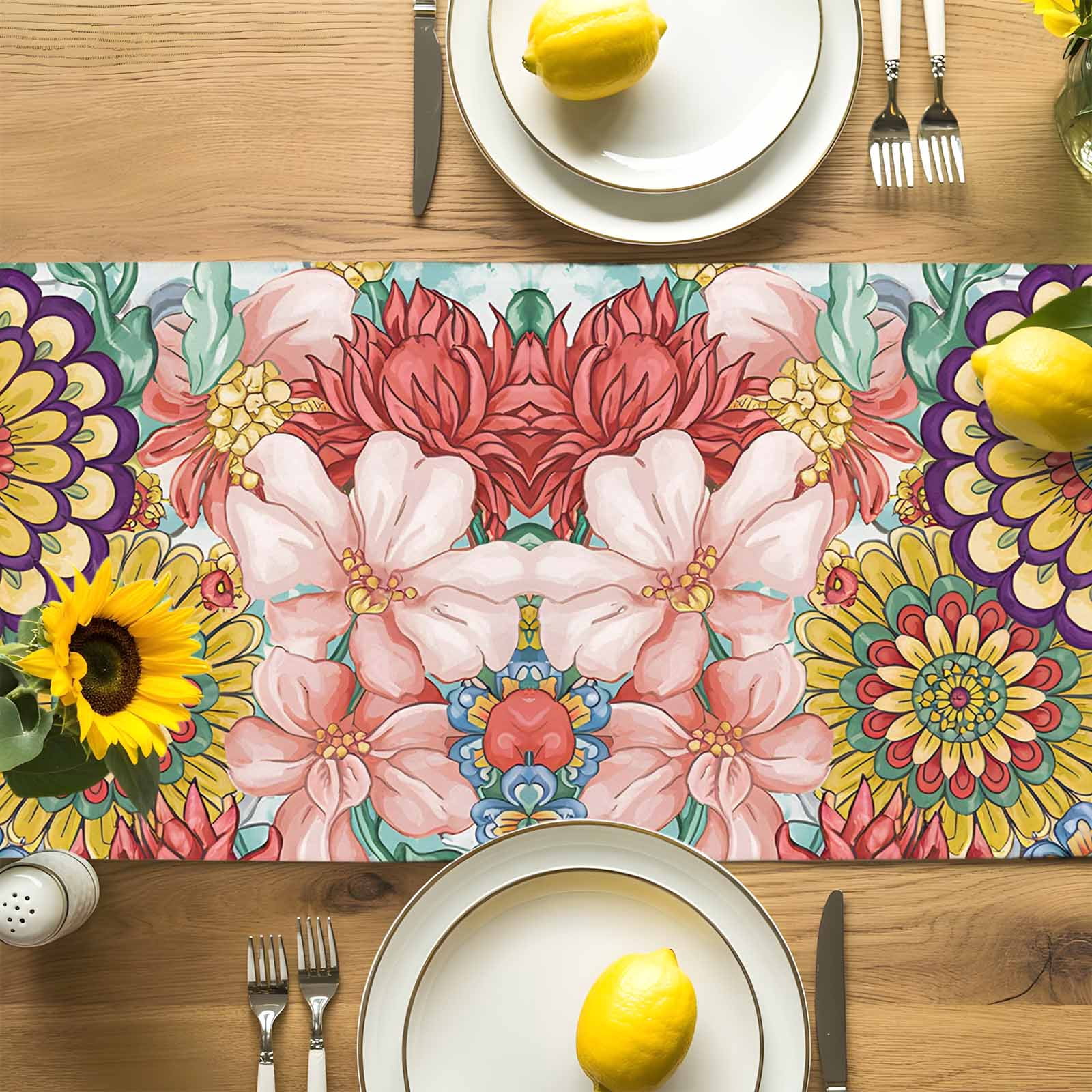 Retro Bohemian Flowers Table Runner 90 Inches Long, Country Floral Art Table Runners Tabletop Scarf Kitchen Dining Tables Decoration for Home Party Indoor Outdoor