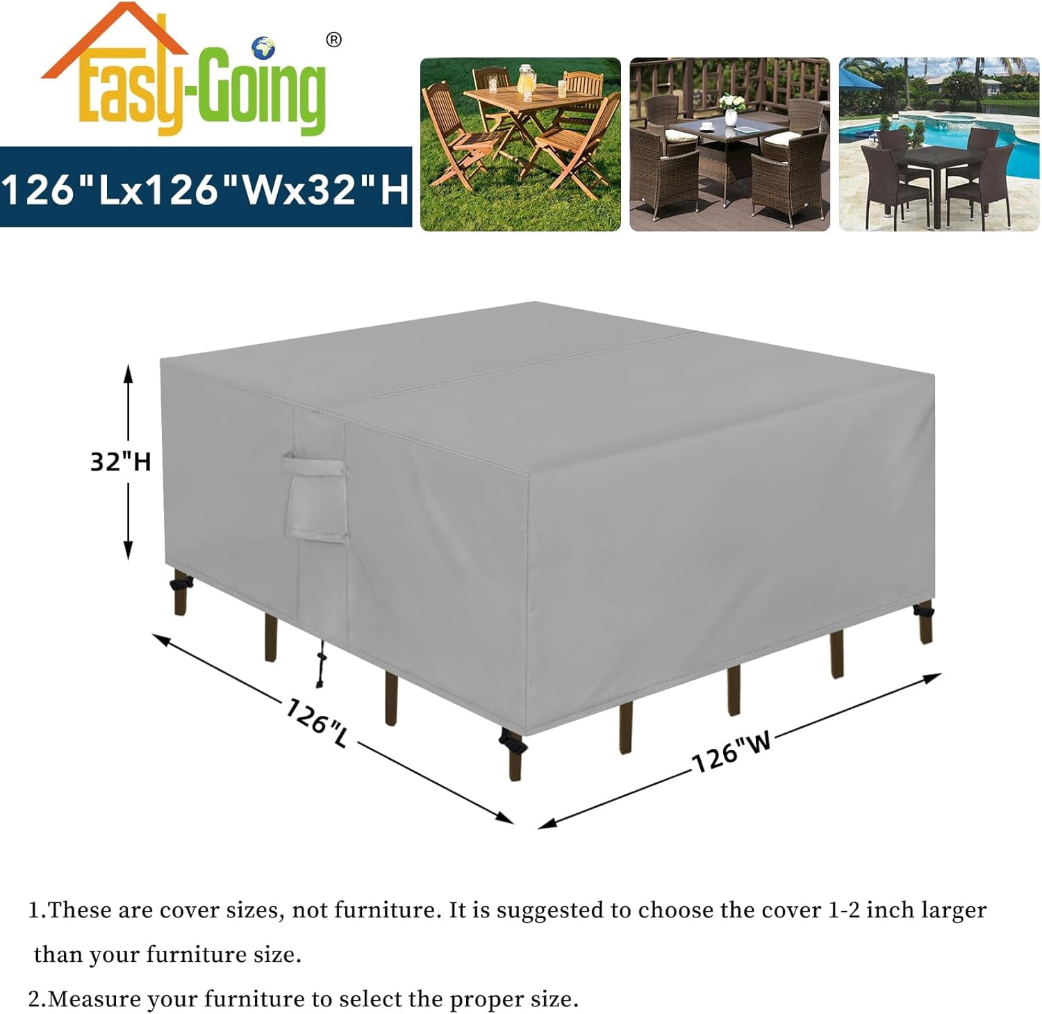 General Square Patio Furniture Cover Waterproof Outdoor Dining Table and Chair Cover Anti-UV Outside Sectional Sofa Set Covers (126"L x 126"W x 32"H, Grey)