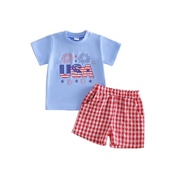 BemeyourBBs Kids Toddler Baby Boys 4th of July Outfit Patriot Independence Day Clothes Short Sleeve Letters Firework Print T-shirt with Plaid Shorts Set Toddler Boys Summer Outfit