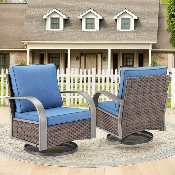 OPOHORO Outdoor Swivel Rocking Glider Chairs Set of 2, Outside All Weather Brown Wicker Patio Rocker Chairs for Porch or Deck, Blue Cushion