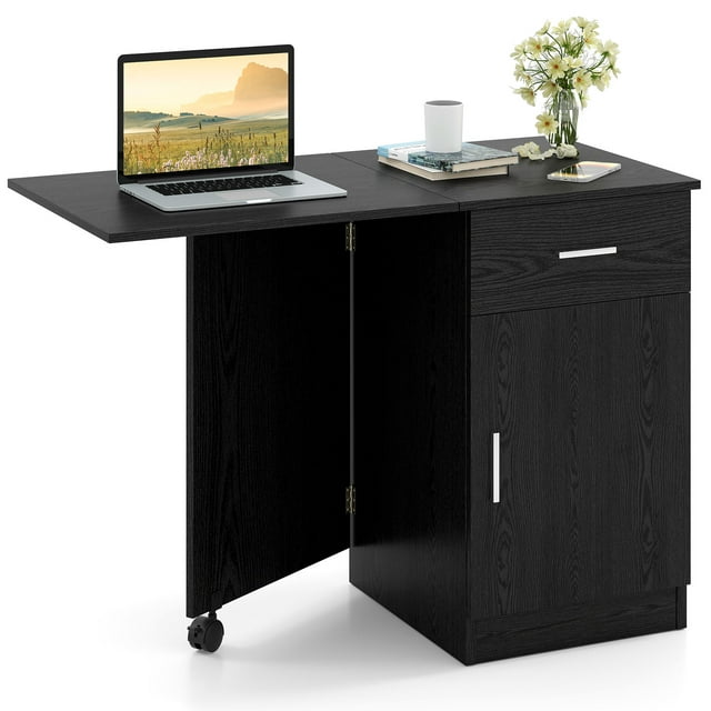 Costway Folding Computer Desk with Drawer Cabinet & Adjustable Shelf Wheel for Living Room, Black