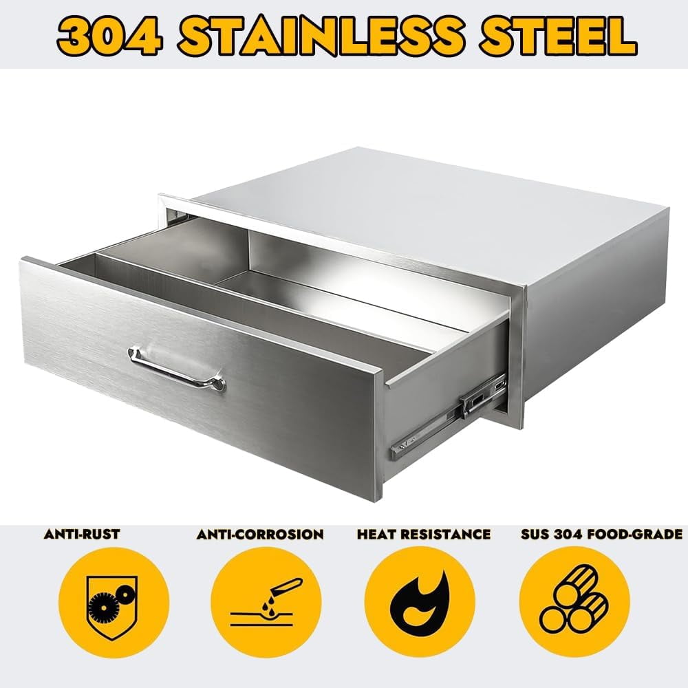 Outdoor Kitchen Drawers,Flush Mount Triple Access BBQ Drawers with Stainless Steel Handle,BBQ Island Drawers for Outdoor Kitchens or BBQ Island Patio Grill Station
