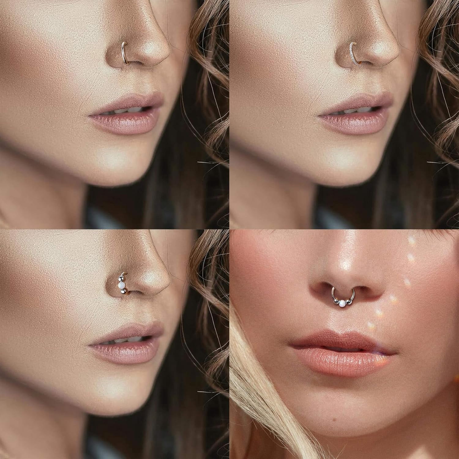 Nose Rings Pro Hoops Set Surgical Stainless Steel Septum Ring Cz Opal Hinged Clicker Lip Daith Tragus Conch Piercing Jewelry Set Cute Cartilage Hoop Earrings 20g 18g[w326]