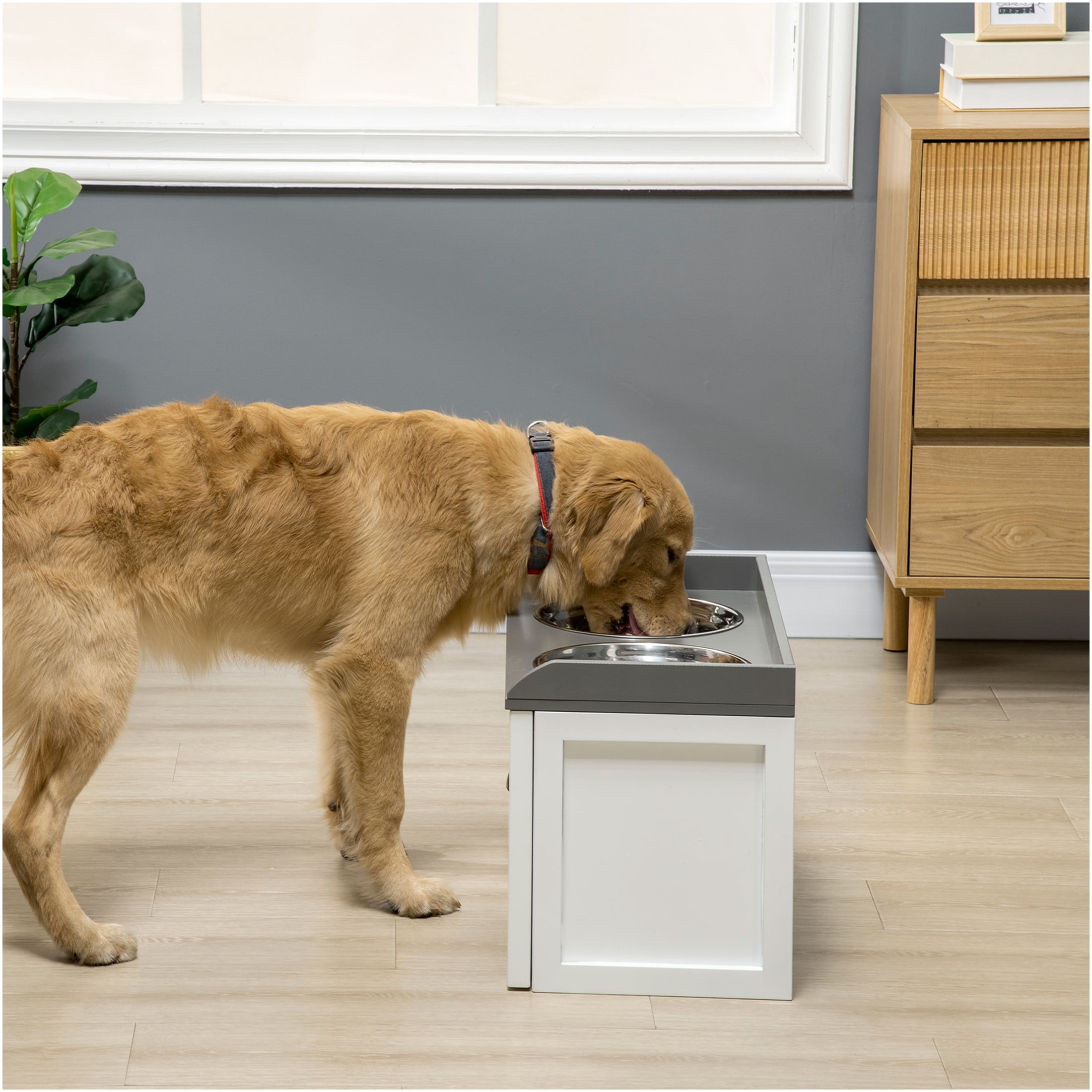 JERFIT Elevated Dog Feeder Station with Storage Drawer, White Wooden Pet Dining Table with 2 Stainless Steel Bowls for Large Dogs