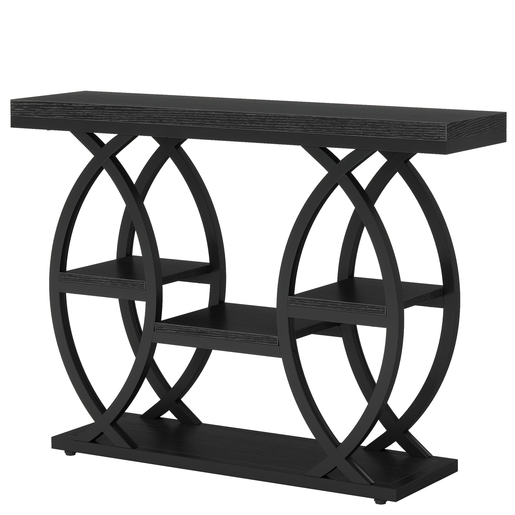 Fnova 39.4" Industrial Console Table, 4-Tier Retro Staggered Storage Shelves, Narrow Wood Accent Table with Metal Frame, for Small Spaces, Entryway, Sofa, Hallway
