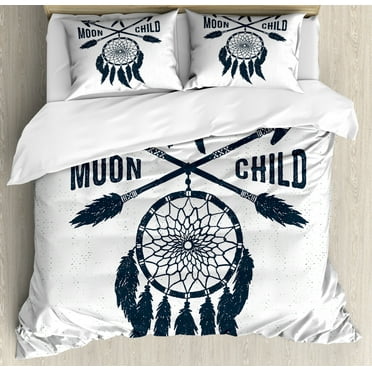Stay Wild Moon Child Duvet Cover Set Queen Size, Inspirational Quote with Tribal Feathers Arrows and Dreamcatcher, Decorative 3 Piece Bedding Set with 2 Pillow Shams, Dark Night Blue, by Ambesonne
