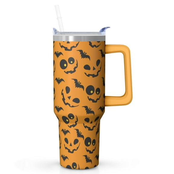 Pumpkin Design Halloween Tumbler 42oz with Handle - Double Wall Insulated Stainless Steel Cup, Leakproof Lid, Spooky Gift for Fall Parties