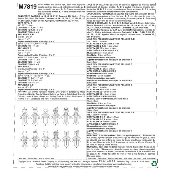 McCall's Sewing Pattern Soft Toy Animals-