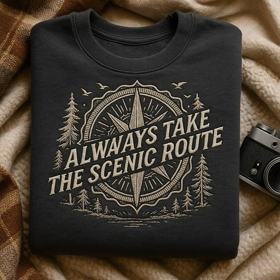 Scenic Route Embroidered Sweatshirt, Compass Rose Adventure Shirt, Mountains Nature Lover Gift, Outdoors Camping Crewneck