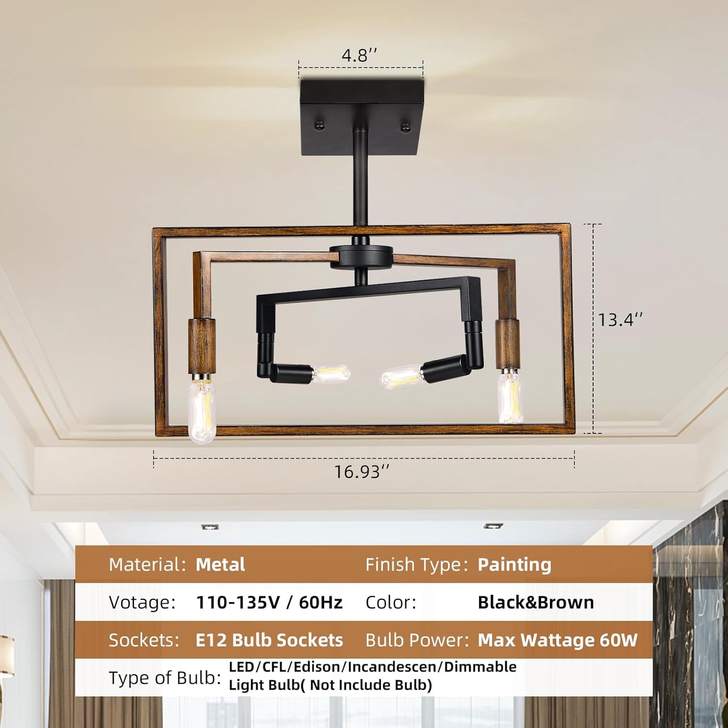 Jinyi 4-Light Vintage/Industrial/Farmhose Dimmable Flush Mount Lights