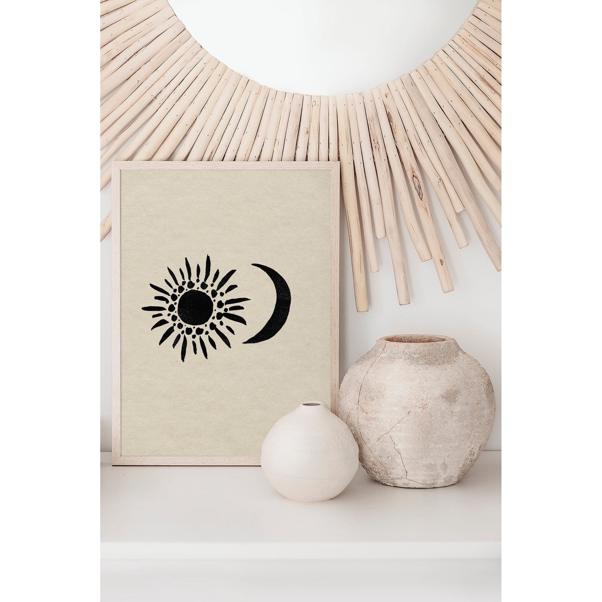 Bohemian Sun And Moon Minimalist Earthy Celestial Wall Art Modern Living Room And Office Decor