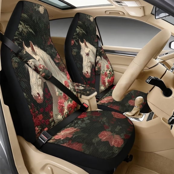 Xixirimido 5-Piece Car Seat Cover Set Breathable PU Leather Front Seat Covers with Seat Belt & Console Covers Universal Fit for SUV, Sedan, Truck, White Horse Red Roses
