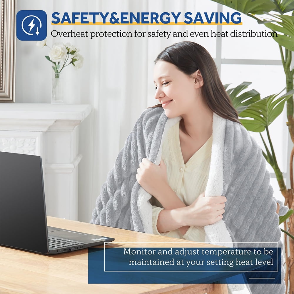Heated Electric Throw Blanket, 50"x60", 6 Heat Levels, Auto-Off Timer, Machine Washable, Gray