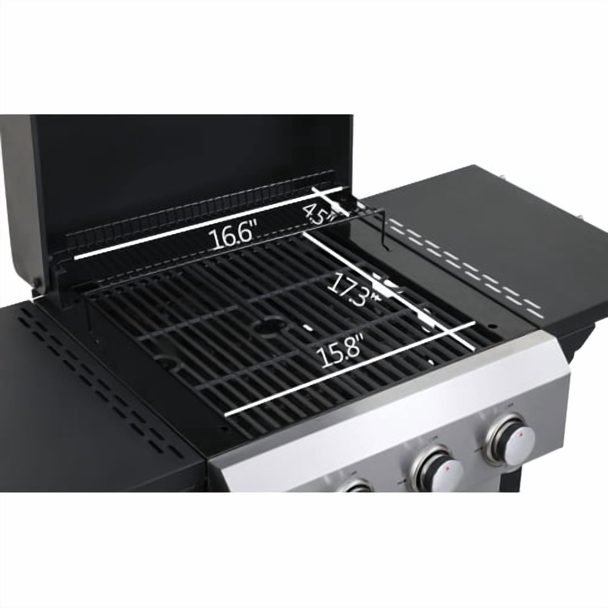 3-Burner Propane Grill with SS Plancha Griddle, 36,900BTU Outdoor BBQ, Enamel Cooking Grids & Foldable Side Table, Hanging Basket, Black+Silver