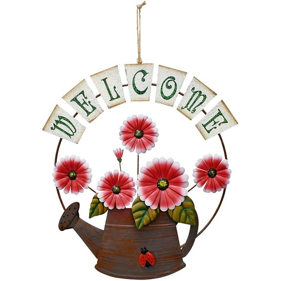 Flower Welcome Sign for Front Door Decor Hanging Sign, Metal Daisy Welcome Door Sign Decor Outdoor Garden Decoration for Patio Porch Backyard (Red)