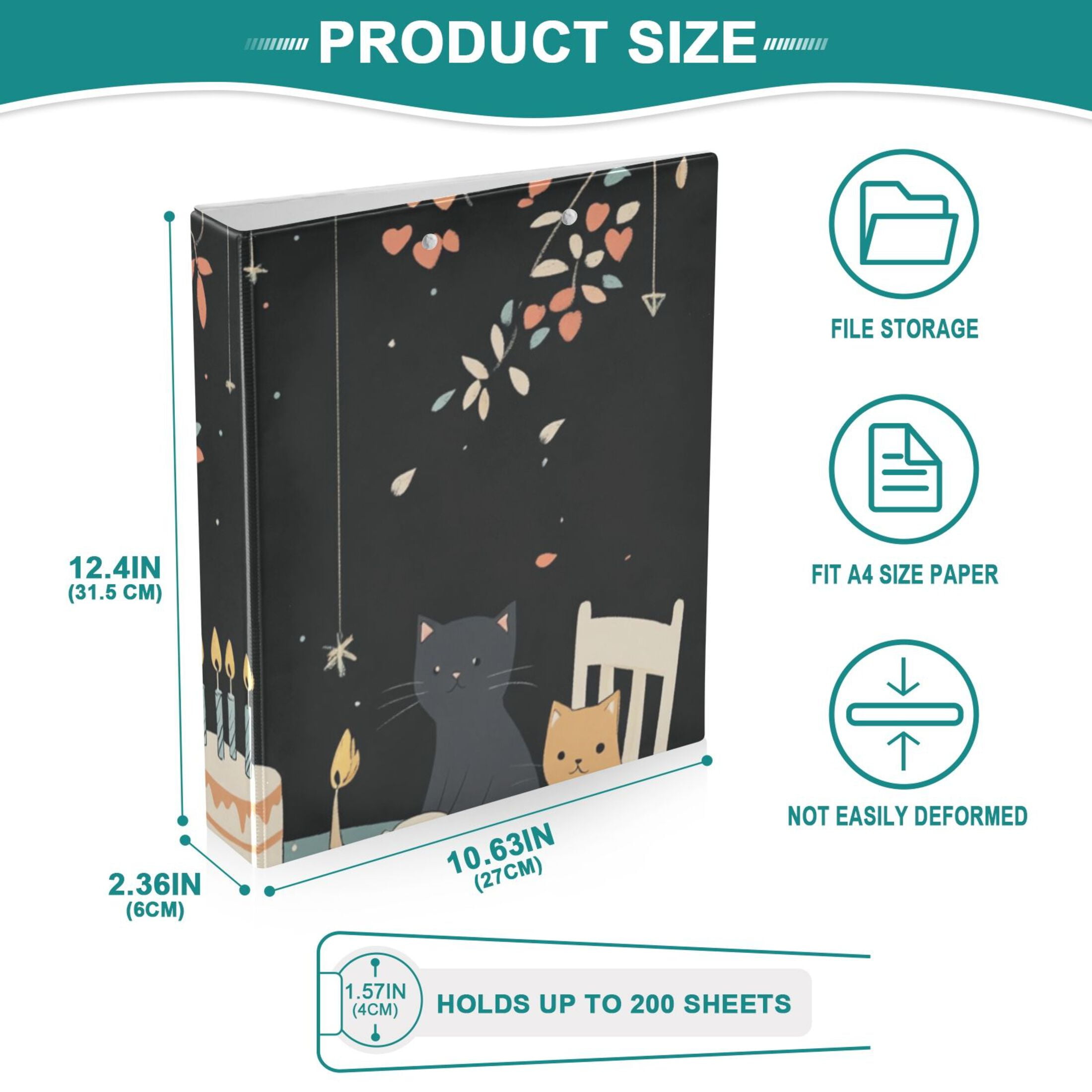 Cats Birthday Cake 3 Ring Binders 1.5 inch Hardcover File Folders with Interior Pockets A4 Size Organizer for School Office Hospital