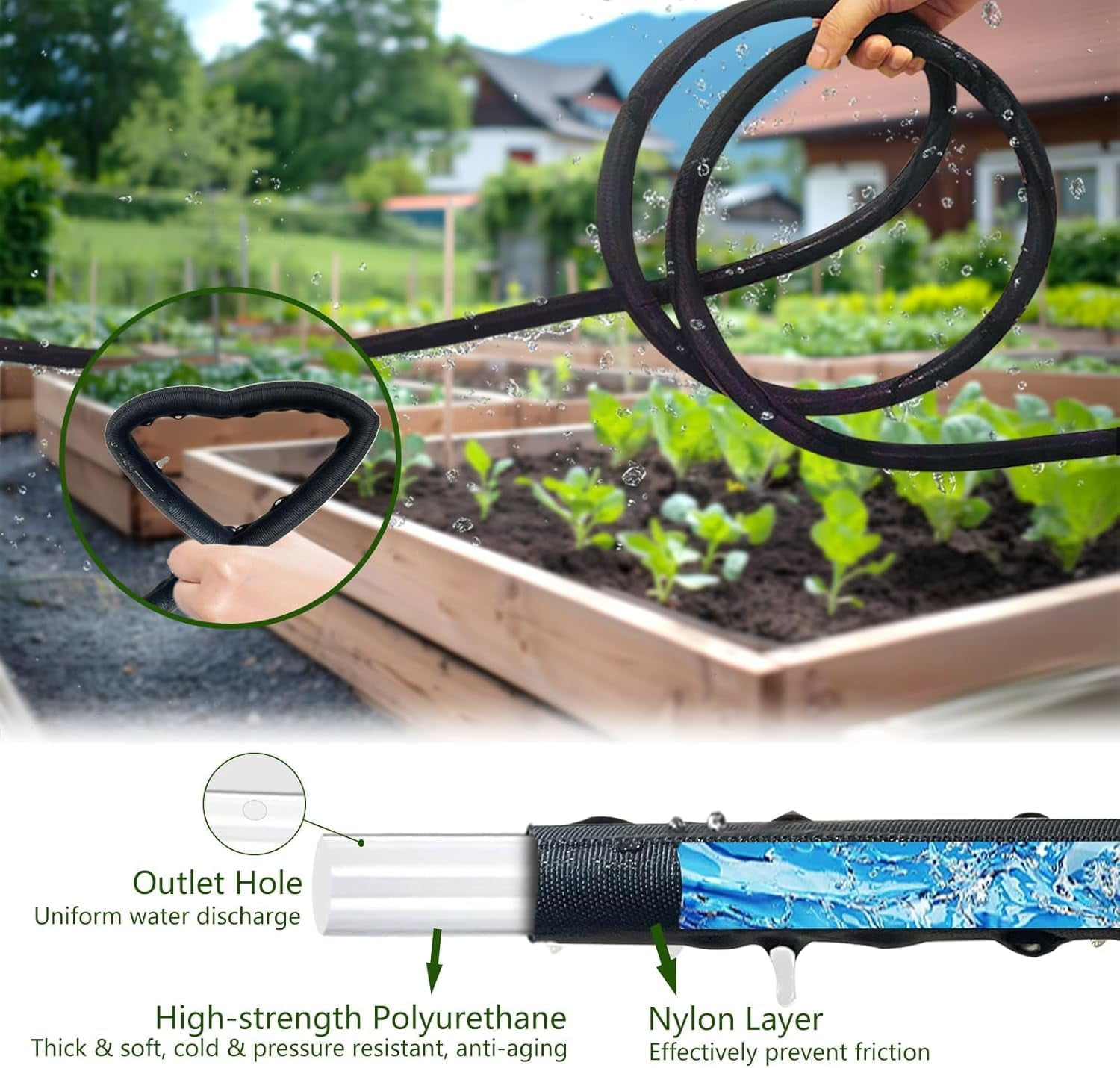 Flat Soaker Hose 100ft, Heavy Duty Double Layer Drip Irrigation Hose, Leak Proof Garden Watering System, Saves 80% Water