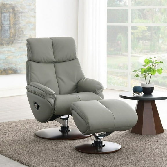 Acme Furniture Accent Chair w/Swivel & Ottoman, Gray Top Grain Leather & Brown Base Finish