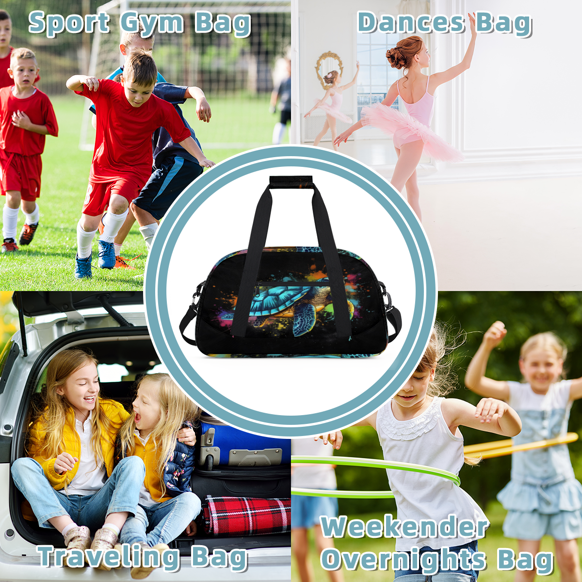 Herdesigns Colorful Sports Duffle Bag for Women & Men, Sea Turtle Gym Bag Dance Bag Overnight Bag Carry On Weekender Travel Bag