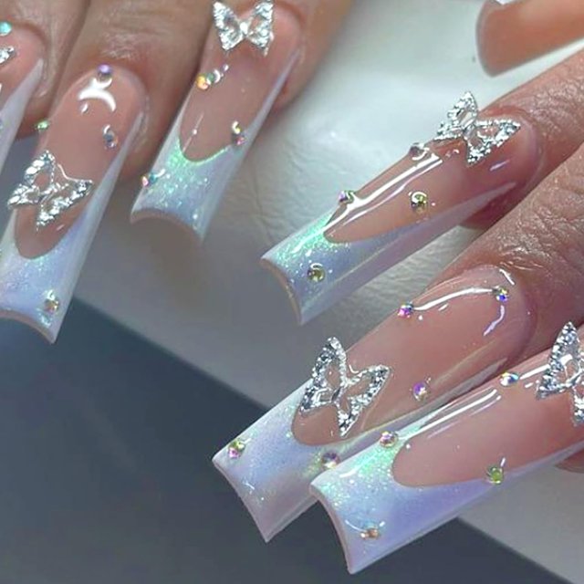 Square Press on Nails Long Fake Nails Coffin Nails Press ons,False Nails with Alloy Butterfly Nail Charms&Rhinestones Designs White French Tip Nails Artificial Nails Stick on Nails For Women