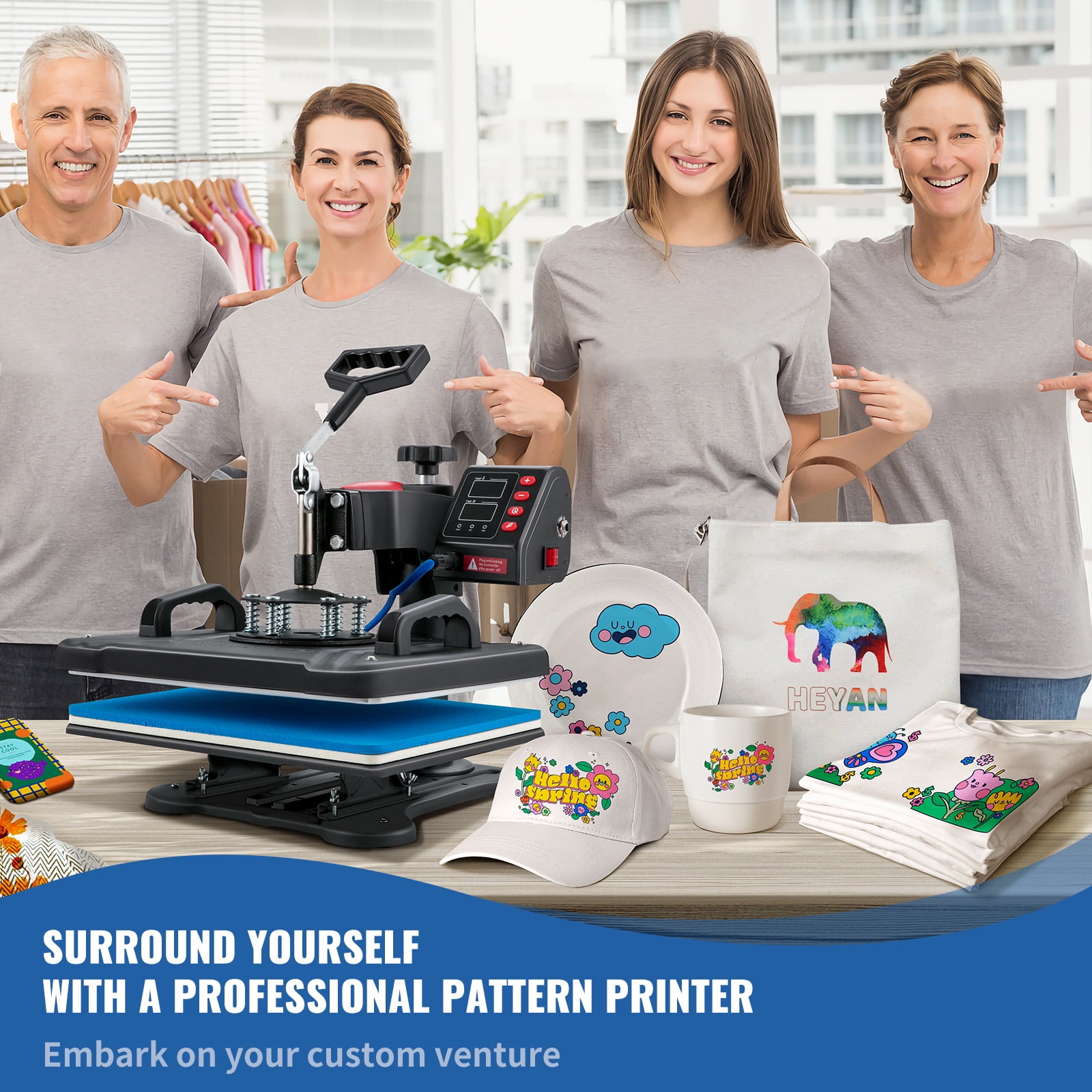 KFFKFF Heat Press Machine, 12x15inch / 30x38cm, 5IN1 Clamshell Sublimation Transfer Printer with Teflon Coated, Digital Precise Heat Control, Silica-gel Powerpress for T-Shirt Plate Mug Cup
