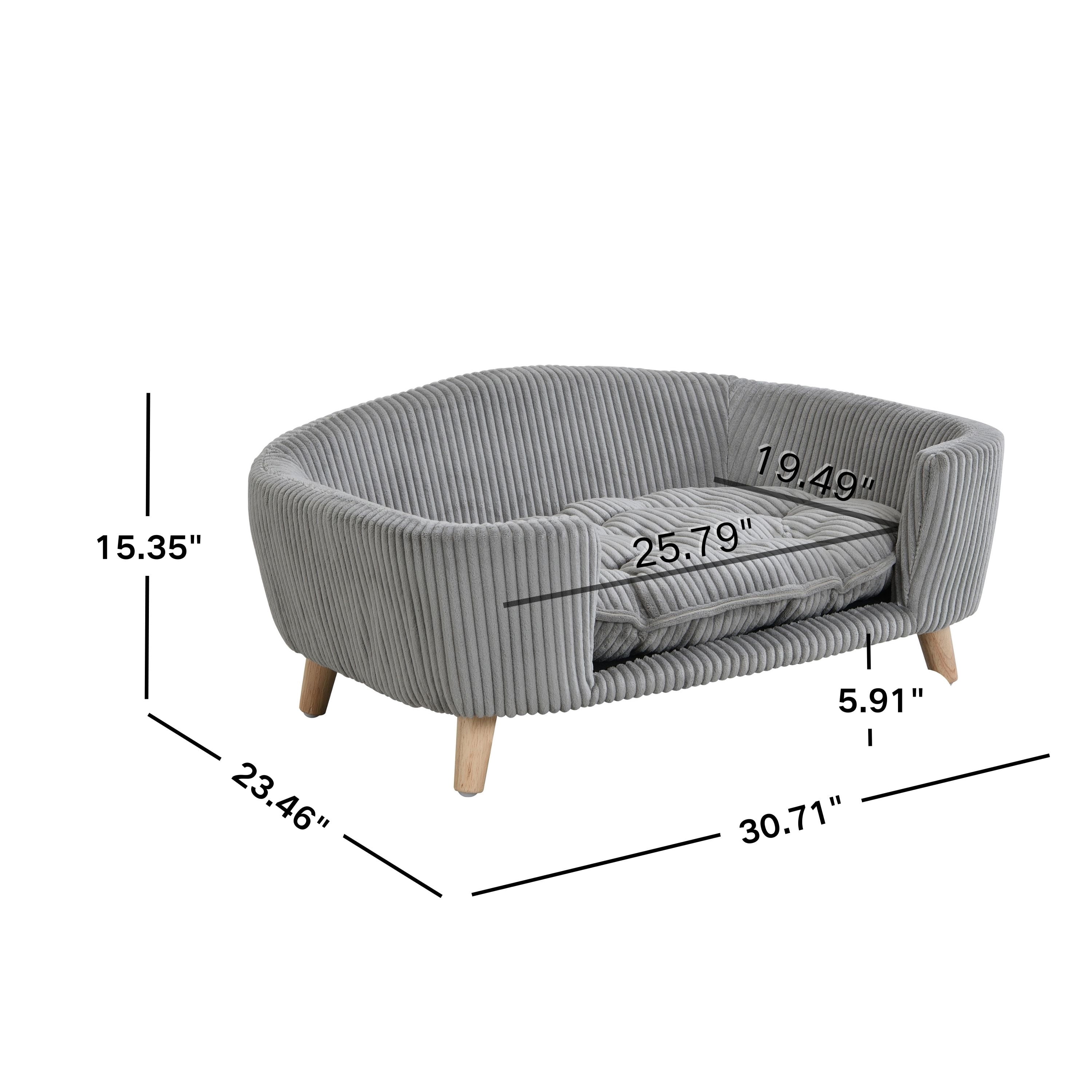 FFZ Elevated Dog Bed Frame Small Corduroy Pet Couch Rubber Wood Legs Supportive Foam Grey Assembly