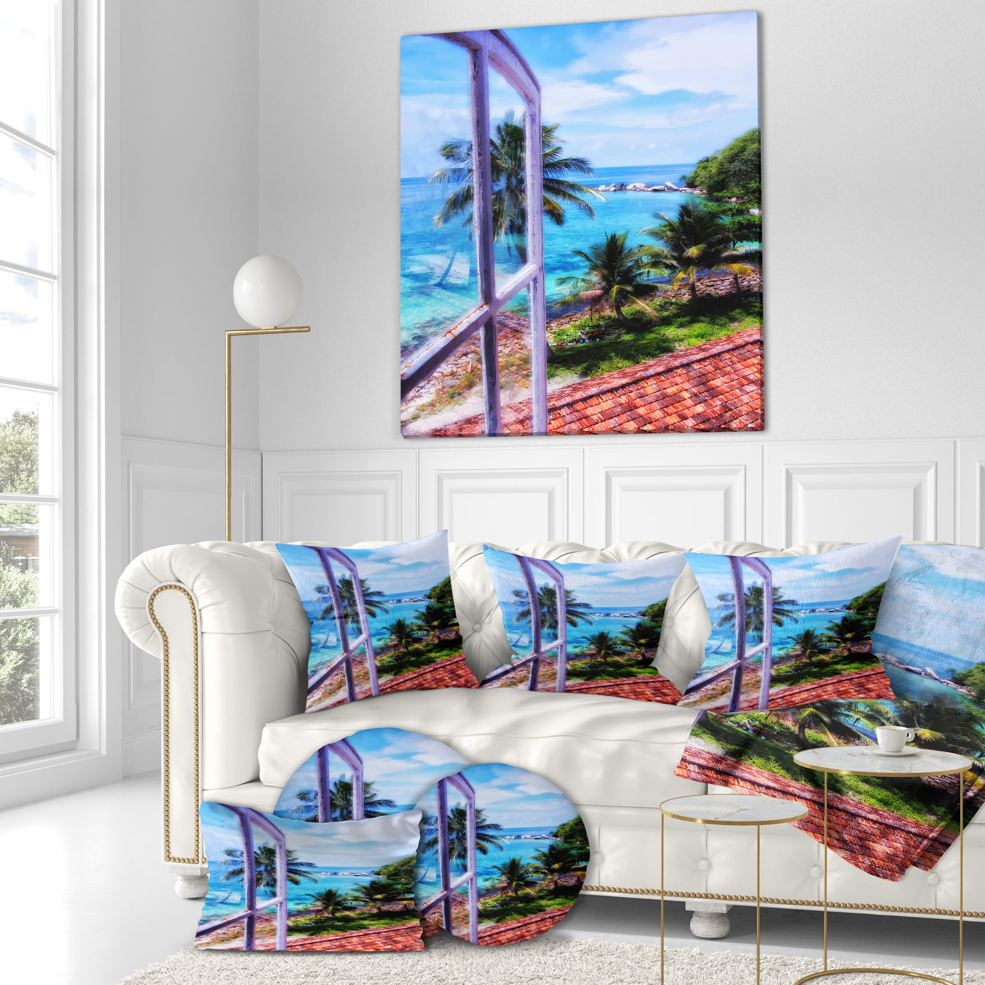 Designart Light House Window View - Landscape Photo Throw Pillow - 18x18