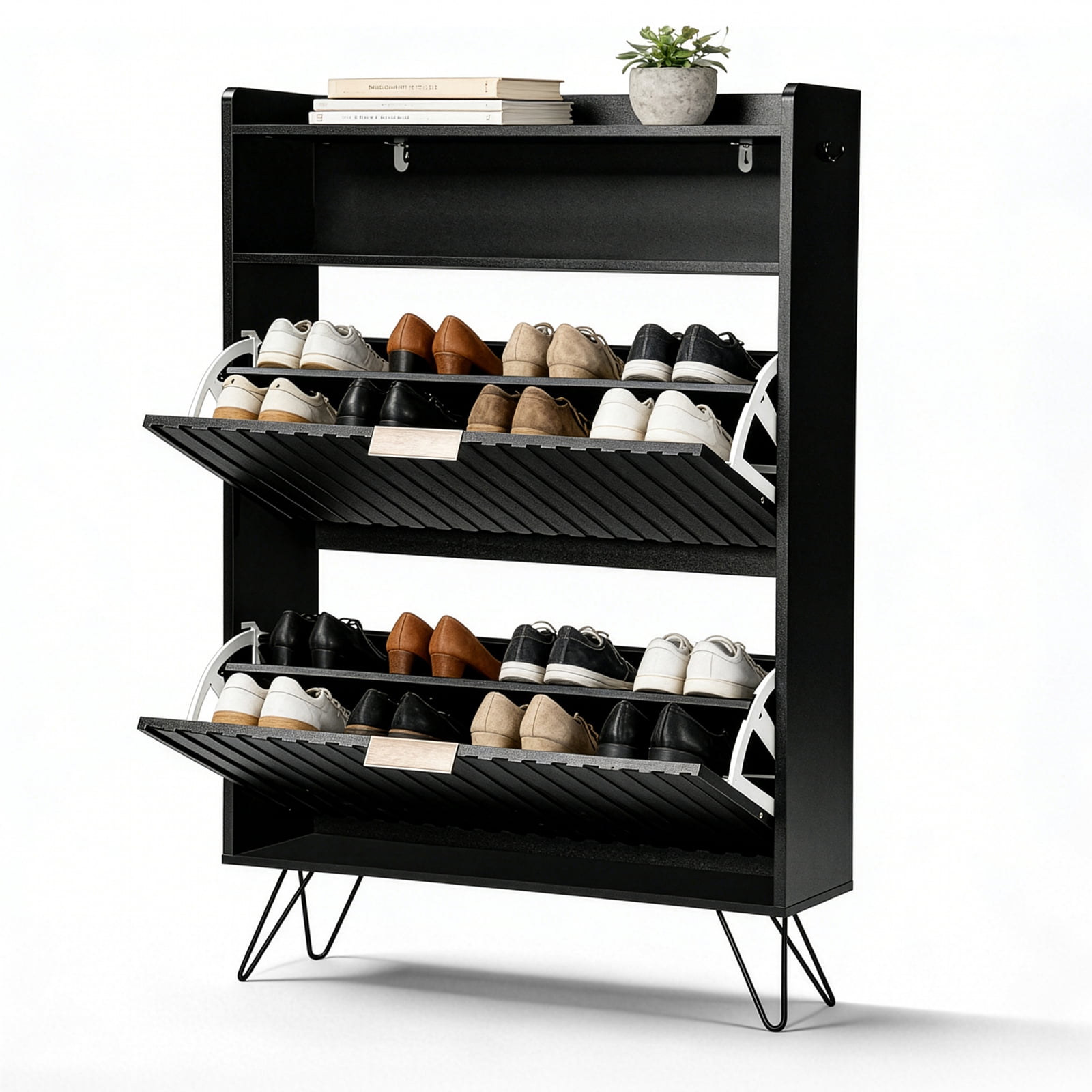 Black Shoe Cabinet with Grille Pattern, Flip-Top Compartment, 2 Drawers, Side Hooks and Elevated Feet, Slim Storage Organizer for Entryway Hallway Apartment