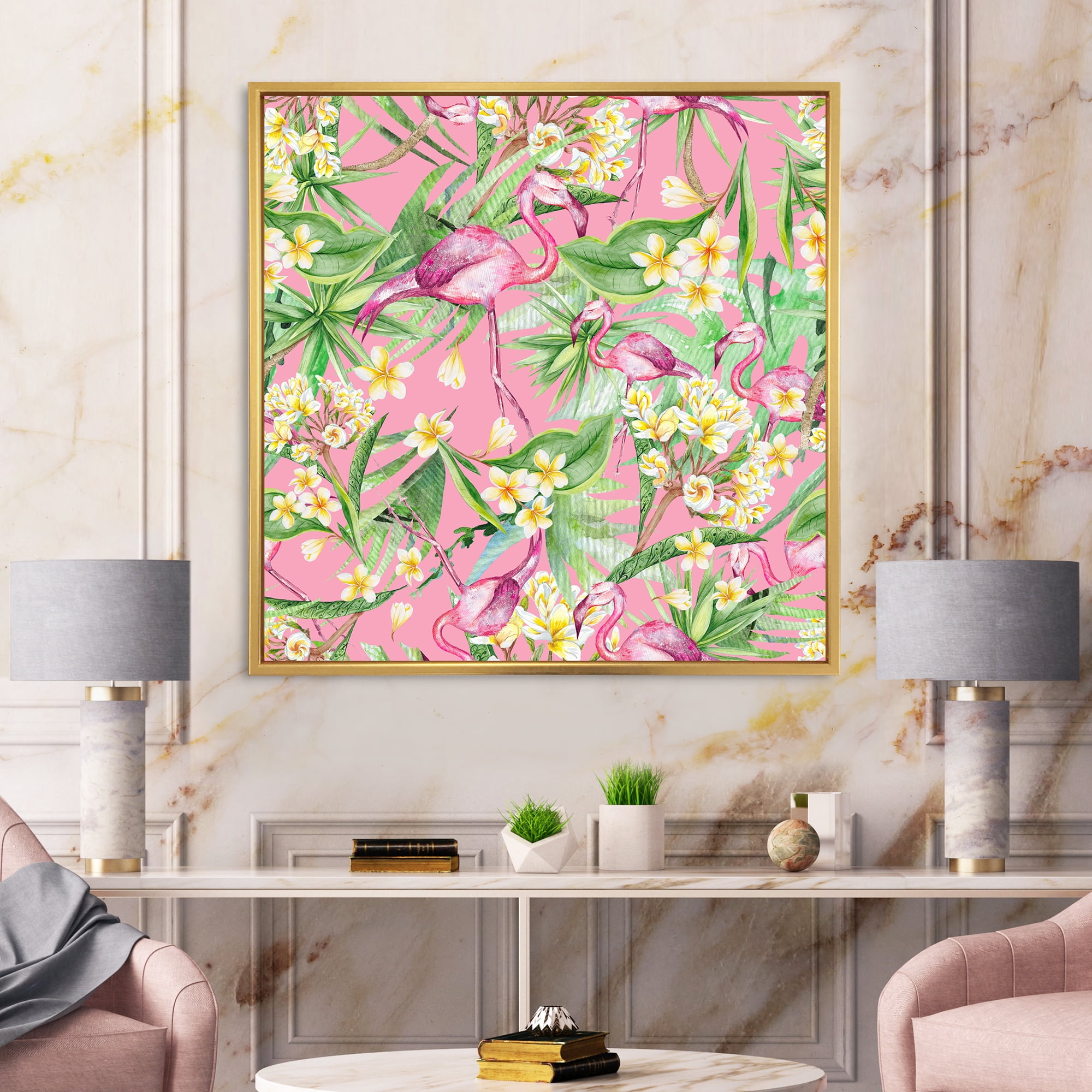 Designart 'Yellow Flowers, Tropical Foliage With Flamingo III' Modern Framed Canvas Wall Art Print