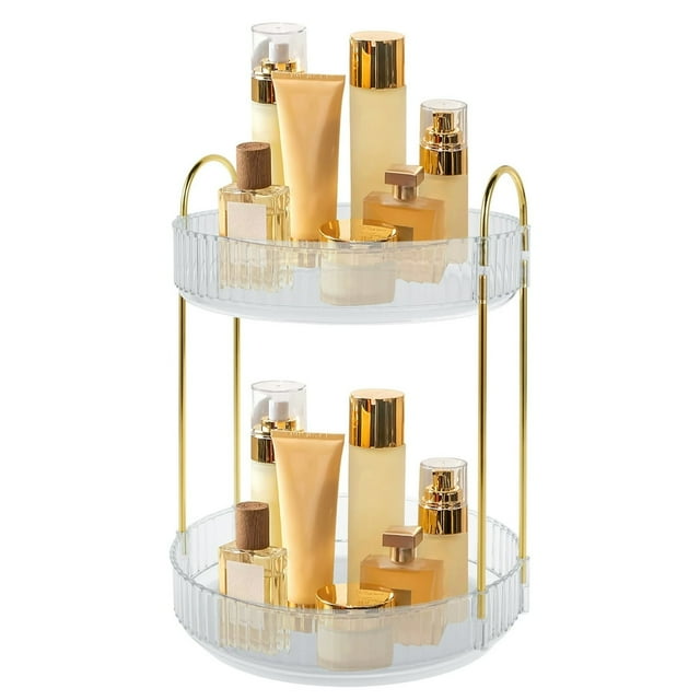 YOPTOP 2-Tier Lazy Susan 360 Rotating Makeup Organizer Cosmetics Storage Display Case Gold,gold,2-tier