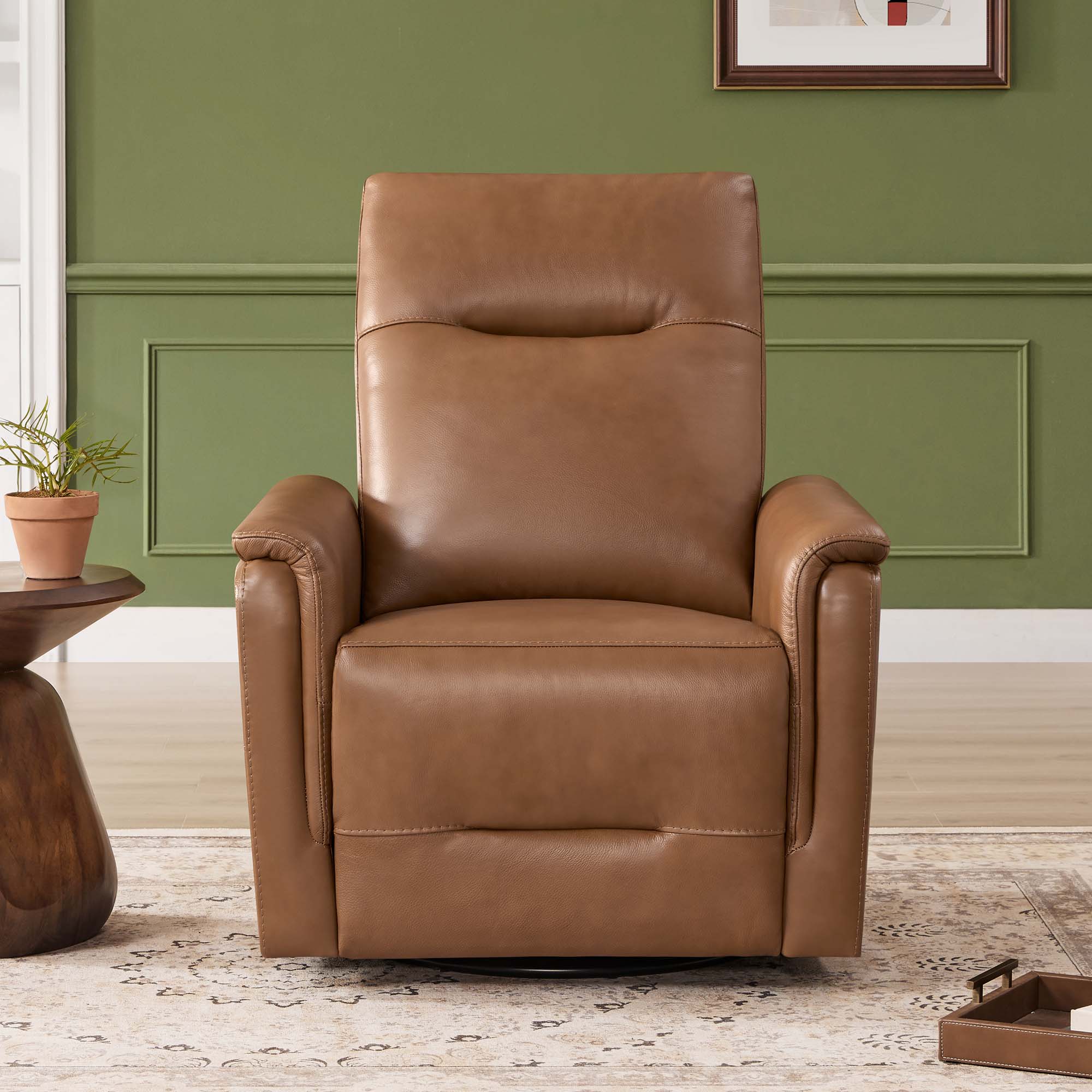 Spruce & Spring Genuine Leather Dual Motor Swivel Glider Recliner Chair, Saddle