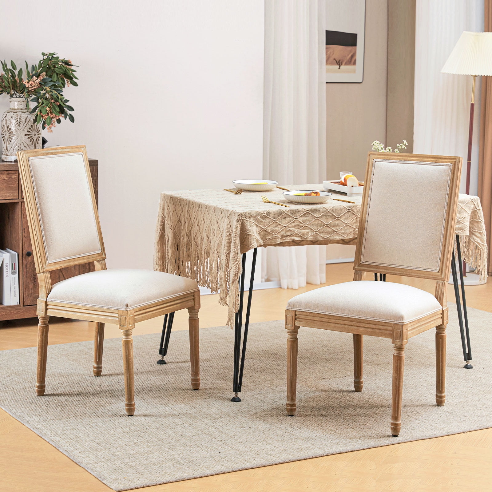 Furniliving French Country Dining Chairs Set of 2, Dining Room Chairs with Rubber Wood Legs, Beige