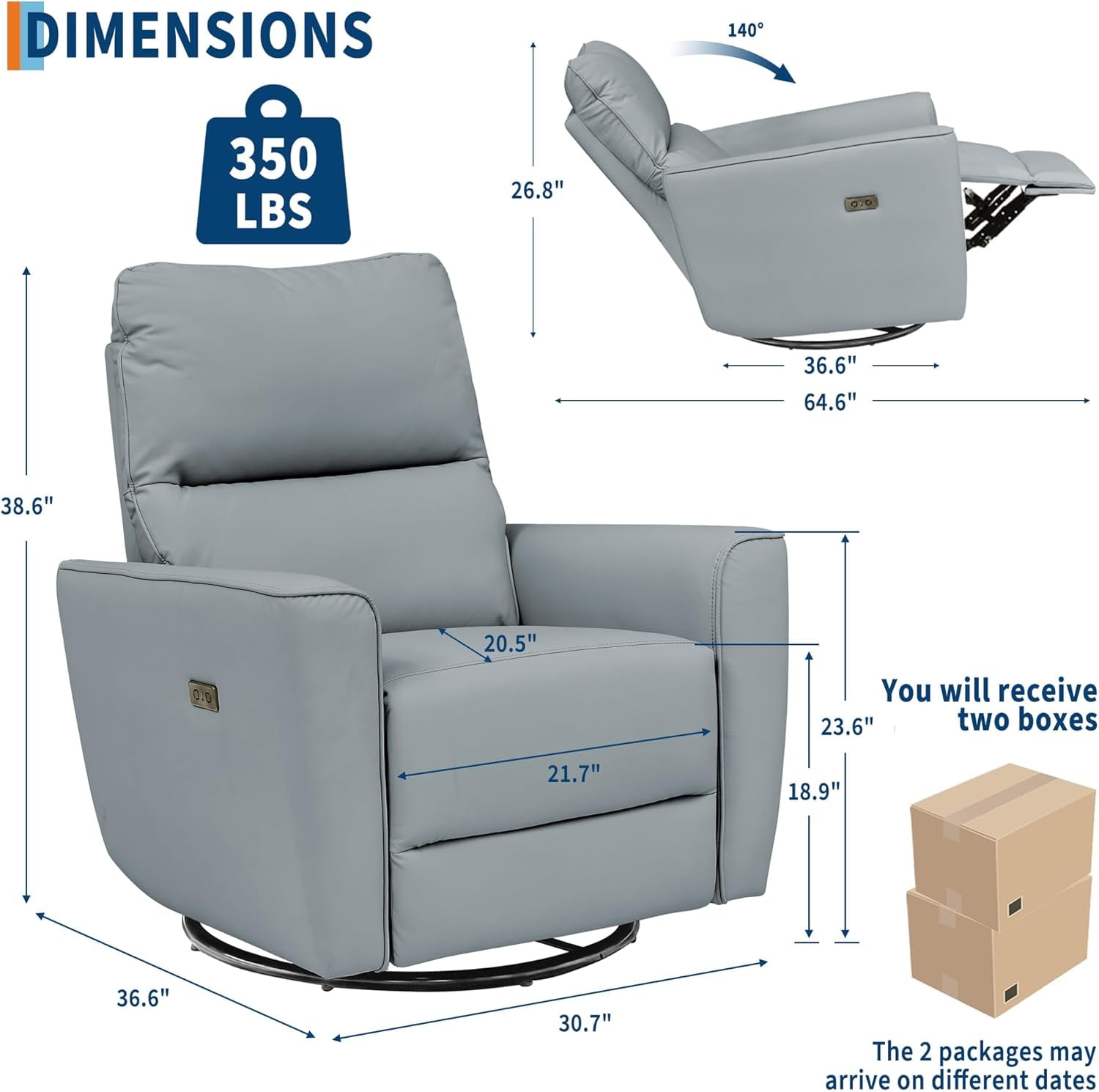 Power Recliner Chair 270° Swivel Rocking Glider with USB Port PU Leather Upholstered Nursery Chair with Adjustable Backrest for Living Room Office Home Theater and Nursery