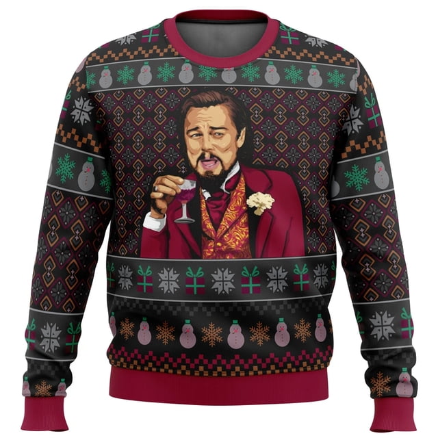 suéteres de navidad feos para hombres suéteres de Papá Noel suéteres 3d tops ropa de otoño e invierno regalos de risa Leo DiCapri: vista frontal de suéter navideño 3D con cuello redondo y puños rojos, cuerpo con patrón geométrico negro, frisos de muñecos de nieve, copos y regalos, estampado central de hombre con saco burdeos y copa; apto para fiestas y regalo humorístico.