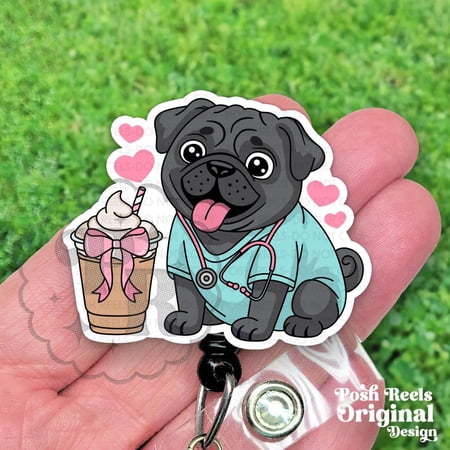 Cute Pug Nurse Badge Reel, Black Pug In Scrubs Retractable ID Holder For Vets Techs, Nurses and Dog Lovers, Heavy Duty, MRI Safe
