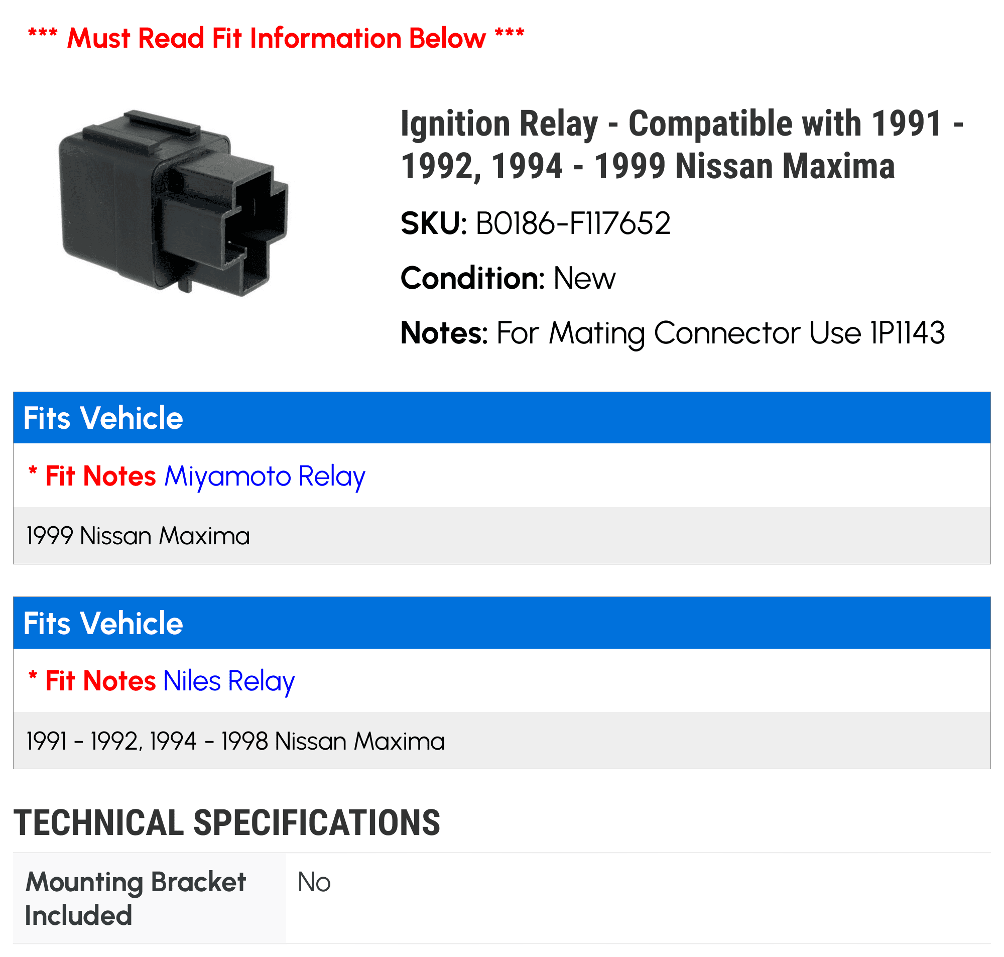 Ignition Relay - Compatible with 1991 - 1992, 1994 - 1999 Nissan Maxima 1995 1996 1997 1998