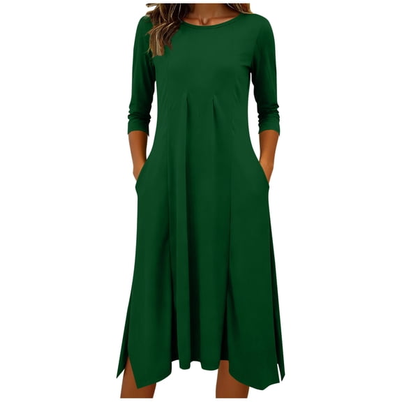 Casual 3/4 Sleeve Dresses for Women Pleated Crewneck Split Ruffle Aline Dress with Pockets Fall Spring Clothes Green, M