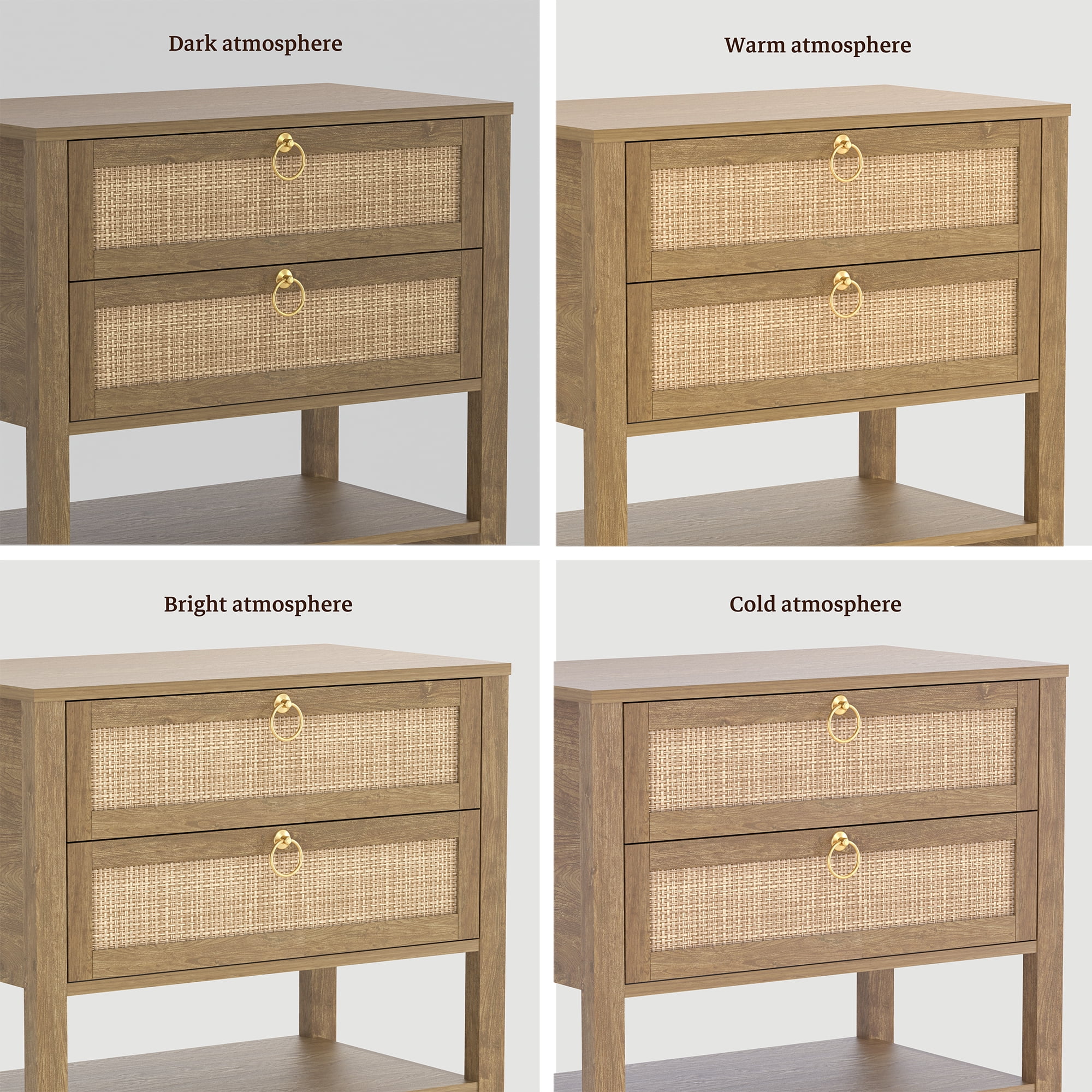 SICOTAS Large Nightstand Set of 2 for Small Spaces, Rattan Night Stands with 2 Drawers and Storage Shelf, Boho Bedside Table Artificial Wood End Table for Bedroom Living Room Hallway, Cherry Oak