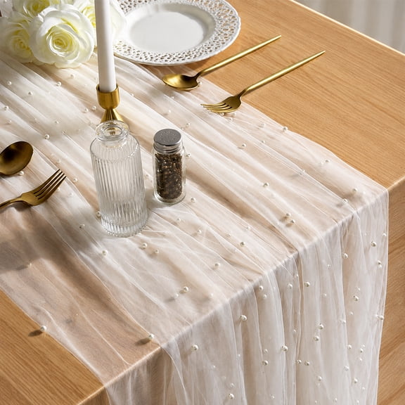 Behome 10FT Cheesecloth Table Runner, Pearl Beige Gauze Table Runner for Home Wedding Anniversary Party Birthday Holiday Christmas Thanksgiving