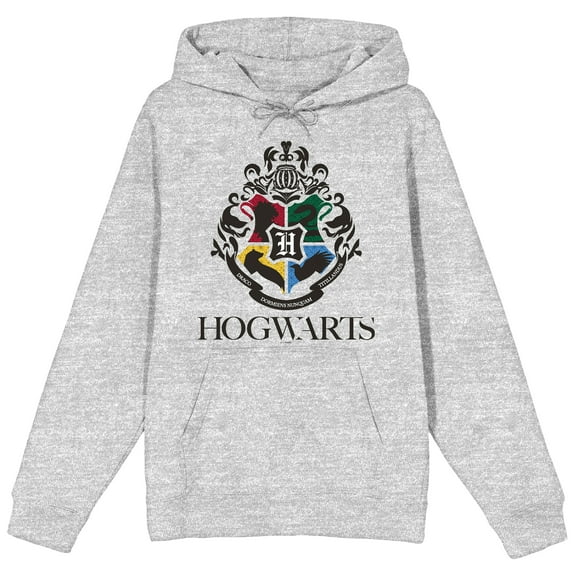 Harry Potter Black & White Hogwarts Crest Adult Athletic Heather Long Sleeve Hooded Sweatshirt-Medium