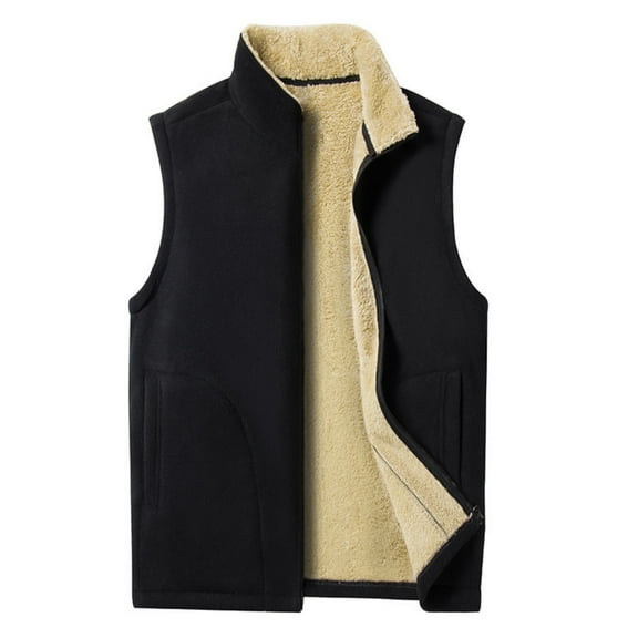 WTOBBY Men's Casual Solid Color Double-Sided Fleece Zipper Vest, Stand-Up Collar Fleece Vest for Layering in Cool Weather, Soft and Warm for Outdoor and Casual Wear,Black L