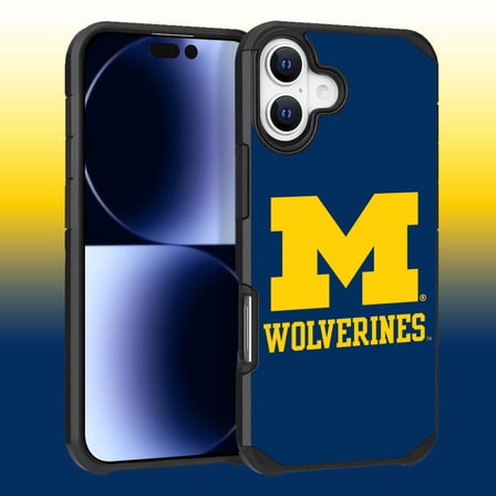 Apple iPhone 16 (6.1) - Licensed NCAA University of Michigan Wolverines Logo on Dark Blue Textured Dual Layer Case