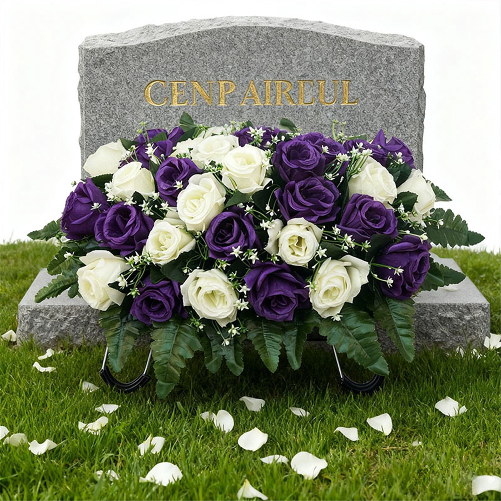 Artificial Cemetery Saddle Flowers, Lifelike Rose Headstone Saddle with Secure Hooks, Weatherproof UV Resistant Grave Decorations, Memorial Floral Arrangement for Cemetery Headstones