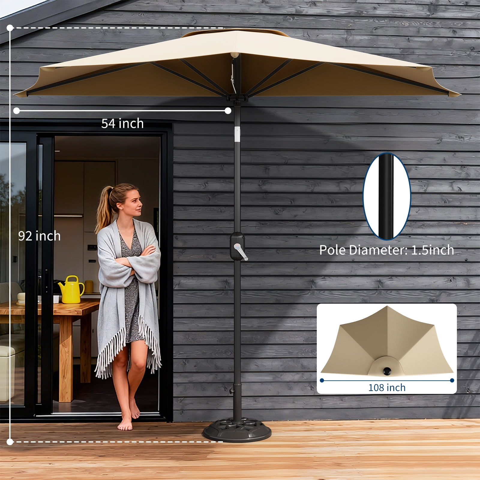 Towallmark 9FT Half Patio Umbrella with Smooth Crank Lift – Space-Saving Outdoor Shade Canopy for Garden, Deck, Balcony & Patio Table, khaki