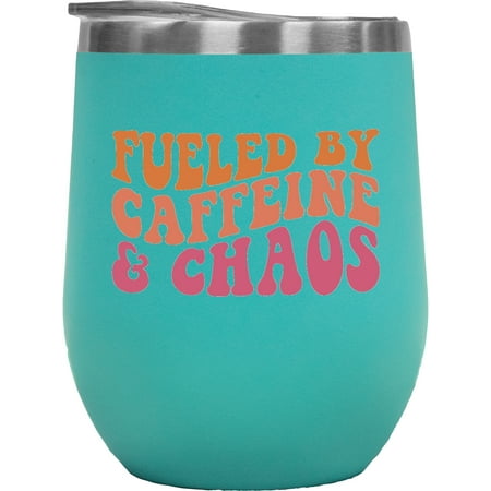 

Fueled by Caffeine & Chaos Admin Assistant or Secretary Quote Groovy Retro Wavy Text Merch Gift Mint 12oz Wine Tumbler