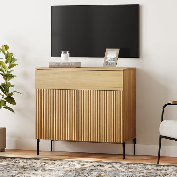 WAMPAT Fluted TV Stand TVs up to 35", 31.5" W Modern TV Entertainment Center with Storage Cabinets and 1 Drawers & 2 Doors, Wood Media TV Console Table with Storage for Living Room